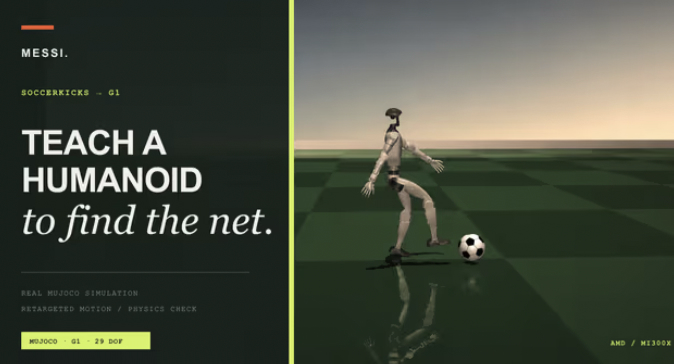Unitree G1 humanoid striking a penalty kick in MuJoCo
