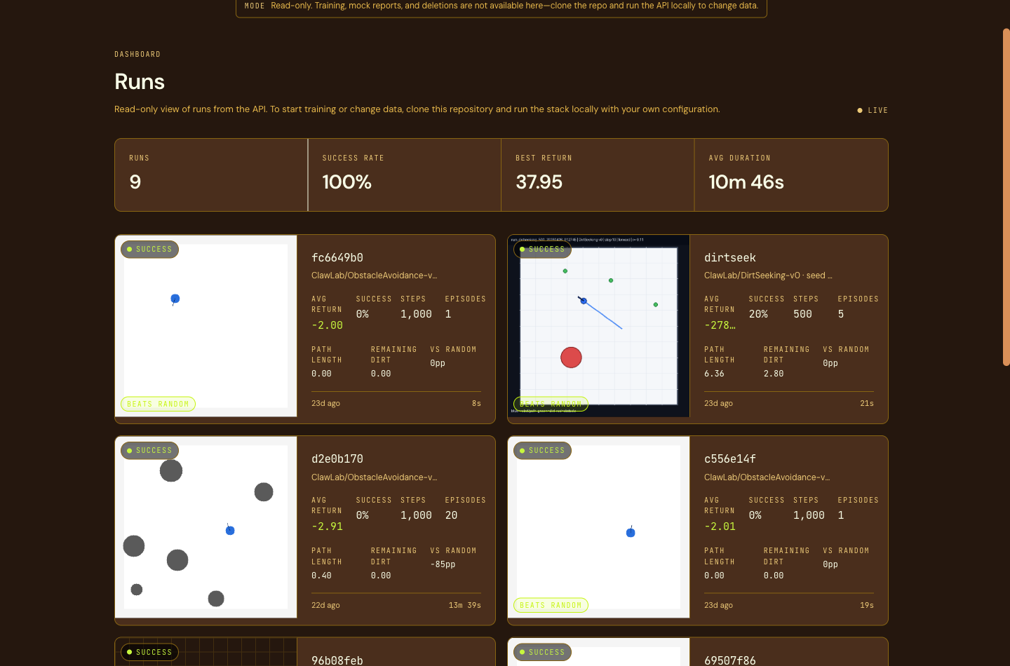 Apollo Labs runs dashboard showing completed RL training runs, metrics, and rollout previews