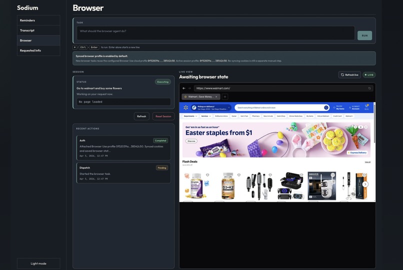 Sodium caregiver dashboard — Browser agent tab with live Walmart session and task status